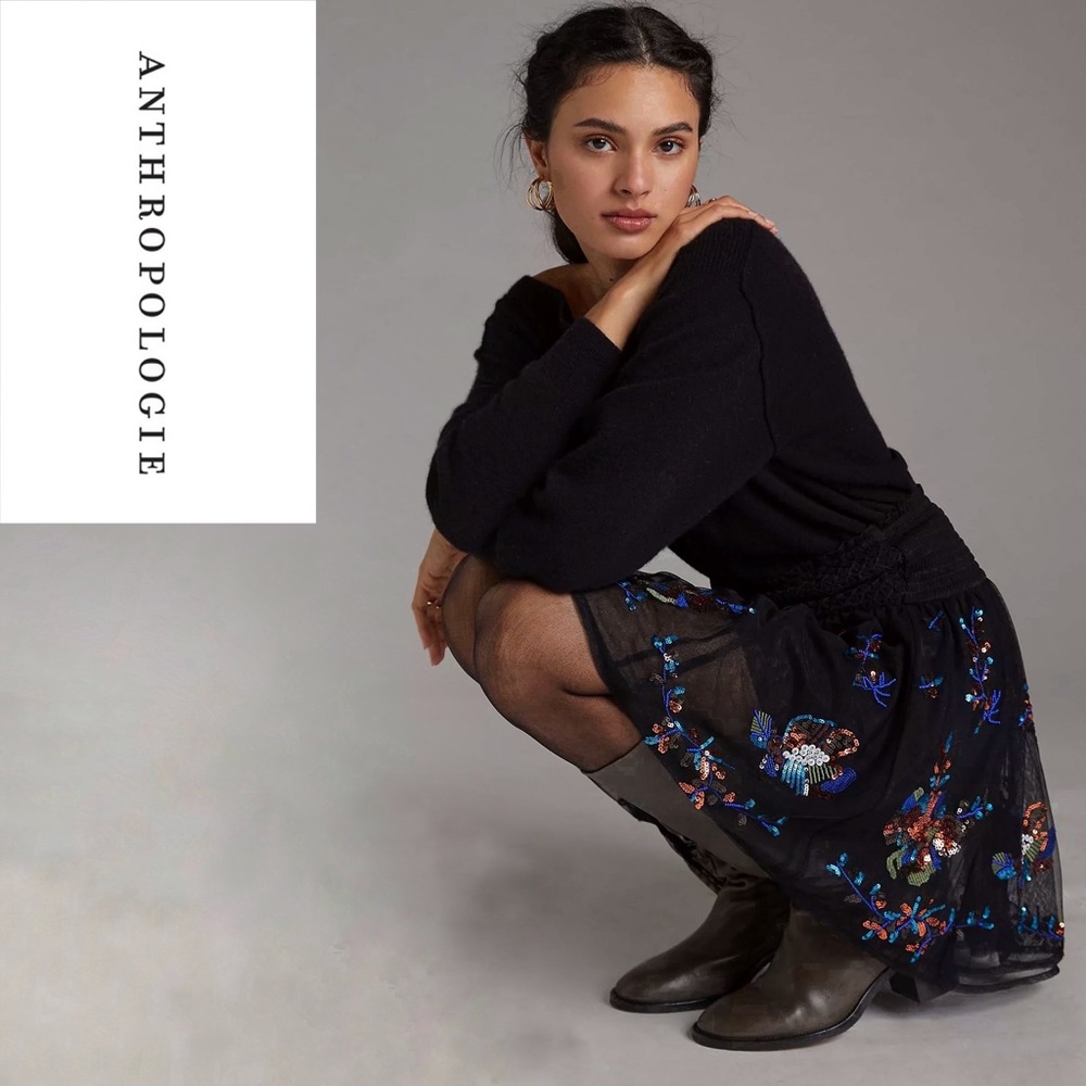 NWT Anthropologie Colorful Sequined Black Tulle Mini Skirt
